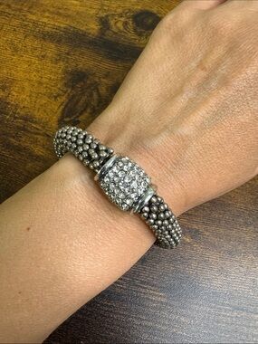 Vintage Silver Beaded Stretch Bracelet with Pave Crystal Rondelle